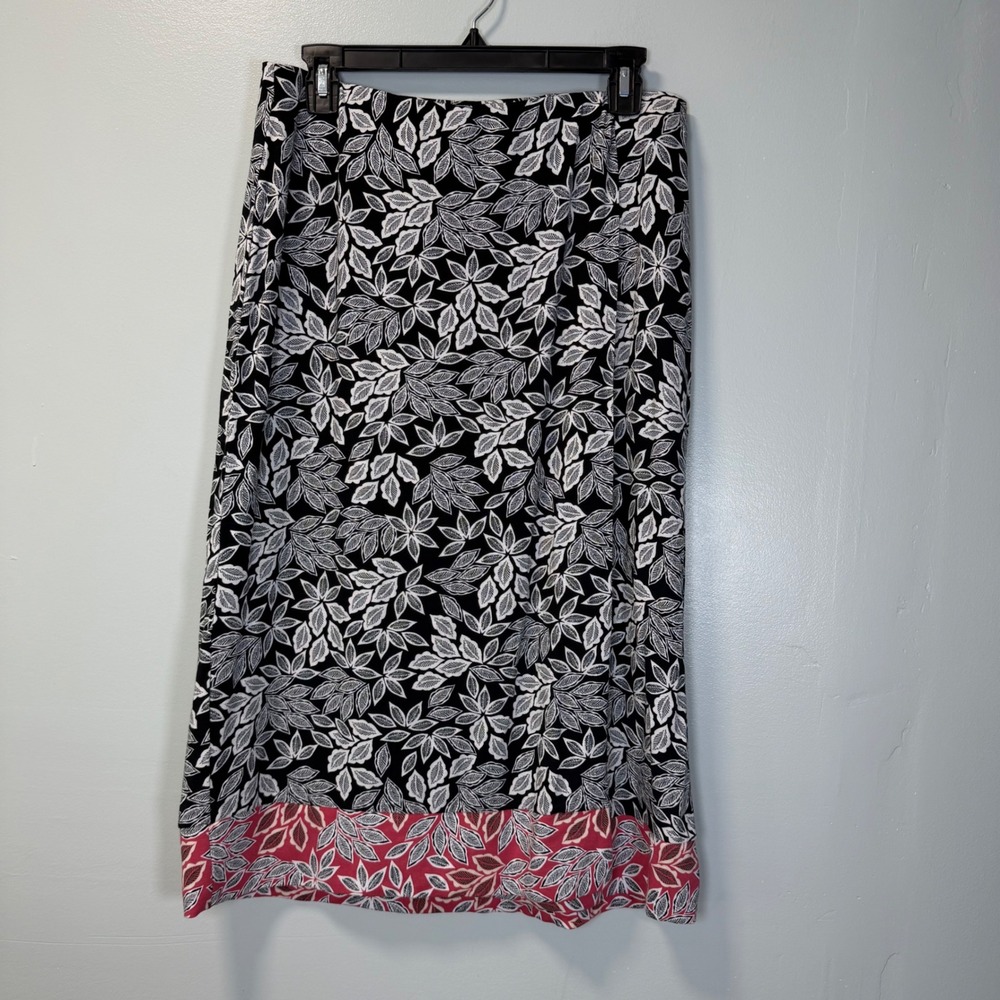 J. Jill Black Wood Floral Leaf Print Midi Skirt Faux Wrap Hem Border Small NWT